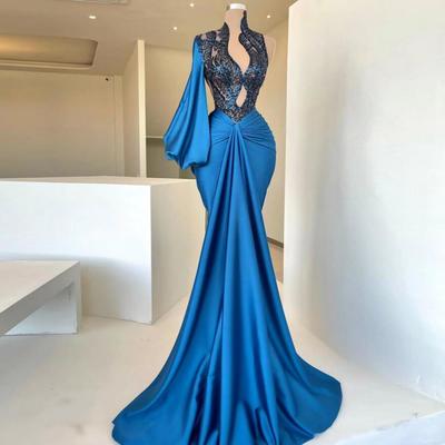 Blue Mermaid Prom Dresses Sexy Deep V-Neck Long Sleeves Evening Gown Bridesmaid Formal Dresses Custom Made