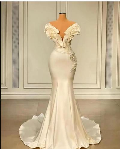 Designed New Evening Prom Dresses Mermaid Cap Sleeves Floor Length Flowers Beaded Pearls Long Pary Occasion Gowns Formal Wears