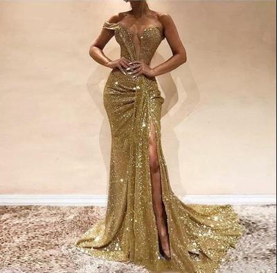 Sexy Gold Sequins One Shoulder Prom Dresses Mermaid Pleats Slit Plunging Long Formal Evening Party Gowns Robe De Soiree