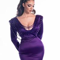 Royal Purple Evening Dresses Glitter Beading Ruched Satin Mermaid Pregnant Prom Dress Long Sleeves V Neck Robe de mariée Party Pageant Gowns - Thumbnail 1