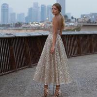 New Glitter Pink Sequins Evening Dress Sweetheart Backless Tea Length Bridal Gowns Shiny 2023 Party Formal Wear Robe De Soriee - Thumbnail 1