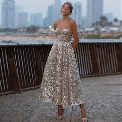 New glitter pink sequins evening dress sweetheart backless tea length bridal gowns shiny 2023 party formal wear robe de soriee