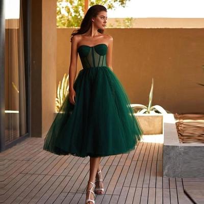 Simple green tulle a line short prom dresses sweetheart sheer corset top tea length formal party gowns robe de soiree