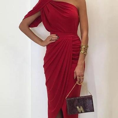 Red one shoulder short sheath cocktail dresses ruched ruffles elegant knee length formal party evening prom dress