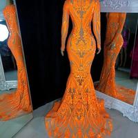 Sparkly Plus Size Prom Dresses V-neck Long Sleeve Orange Sequined African Black Girls Mermaid Evening Occasion Dress - Thumbnail 1