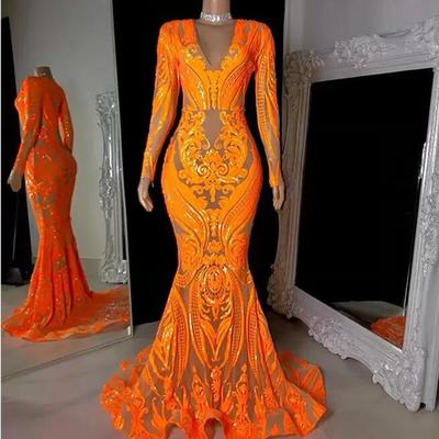 Sparkly plus size prom dresses v-neck long sleeve orange sequined african black girls mermaid evening occasion dress