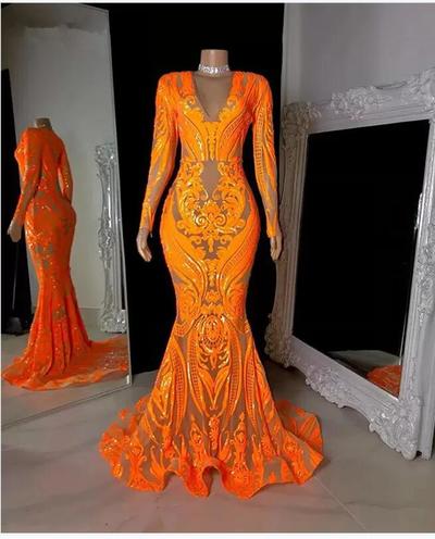 Sparkly Plus Size Prom Dresses V-neck Long Sleeve Orange Sequined African Black Girls Mermaid Evening Occasion Dress