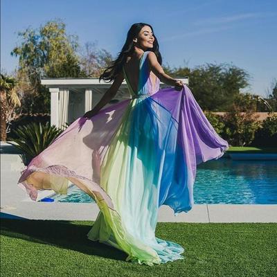 Ombre Colorful Prom Dress Sheer Deep V Neck A Line Pleated Evening Gowns Rainbow Sweep Train Chiffon Plus Size Special Occasion Formal Dress