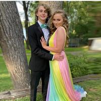 Ombre Colorful Prom Dress Sheer Deep V Neck A Line Pleated Evening Gowns Rainbow Sweep Train Chiffon Plus Size Special Occasion Formal Dress - Thumbnail 3