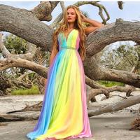 Ombre Colorful Prom Dress Sheer Deep V Neck A Line Pleated Evening Gowns Rainbow Sweep Train Chiffon Plus Size Special Occasion Formal Dress - Thumbnail 2