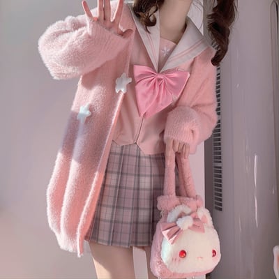 Sweet college student girl twin stars mohair fluffly autumn winter long sleeve pink cardigan sweater