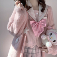 Sweet College Student Girl Twin Stars Mohair Fluffly Autumn Winter Long Sleeve Pink Cardigan Sweater - Thumbnail 1