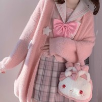 Sweet College Student Girl Twin Stars Mohair Fluffly Autumn Winter Long Sleeve Pink Cardigan Sweater - Thumbnail 3
