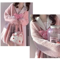 Sweet College Student Girl Twin Stars Mohair Fluffly Autumn Winter Long Sleeve Pink Cardigan Sweater - Thumbnail 6