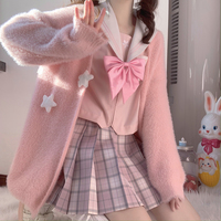 Sweet College Student Girl Twin Stars Mohair Fluffly Autumn Winter Long Sleeve Pink Cardigan Sweater - Thumbnail 4