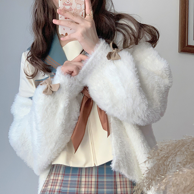 Sweet College Student Girl Fluffly Autumn Winter Cookie Brown Bow Long Sleeve White Soft Mohair Knitted Cardigan Sweater