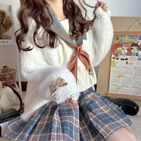 Sweet College Student Girl Fluffly Autumn Winter Cookie Brown Bow Long Sleeve White Soft Mohair Knitted Cardigan Sweater - Thumbnail 1