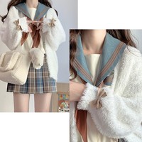 Sweet College Student Girl Fluffly Autumn Winter Cookie Brown Bow Long Sleeve White Soft Mohair Knitted Cardigan Sweater - Thumbnail 7