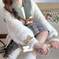 Sweet College Student Girl Fluffly Autumn Winter Cookie Brown Bow Long Sleeve White Soft Mohair Knitted Cardigan Sweater - Thumbnail 6