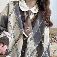 Sweet College Student Girl Rhombus Diamond Pattern Brown Cozy Autumn Winter Knitted V-necked Cardigan Sweater - Thumbnail 1