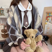 Sweet College Student Girl Rhombus Diamond Pattern Brown Cozy Autumn Winter Knitted V-necked Cardigan Sweater - Thumbnail 2