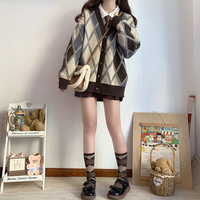 Sweet College Student Girl Rhombus Diamond Pattern Brown Cozy Autumn Winter Knitted V-necked Cardigan Sweater - Thumbnail 5