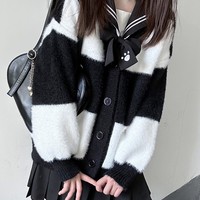 Sweet College Student Girl Fluffly Autumn Winter Striped Black and White Cozy Knitted Cardigan Sweater - Thumbnail 1