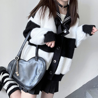 Sweet College Student Girl Fluffly Autumn Winter Striped Black and White Cozy Knitted Cardigan Sweater - Thumbnail 2