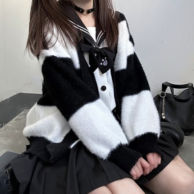 Sweet college student girl fluffly autumn winter striped black and white cozy knitted cardigan sweater