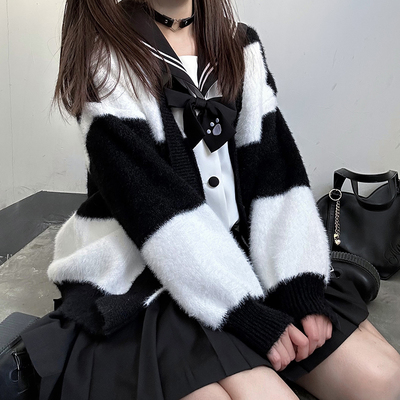 Sweet College Student Girl Fluffly Autumn Winter Striped Black and White Cozy Knitted Cardigan Sweater