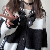 Sweet College Student Girl Fluffly Autumn Winter Striped Black and White Cozy Knitted Cardigan Sweater - Thumbnail 4
