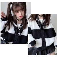 Sweet College Student Girl Fluffly Autumn Winter Striped Black and White Cozy Knitted Cardigan Sweater - Thumbnail 9