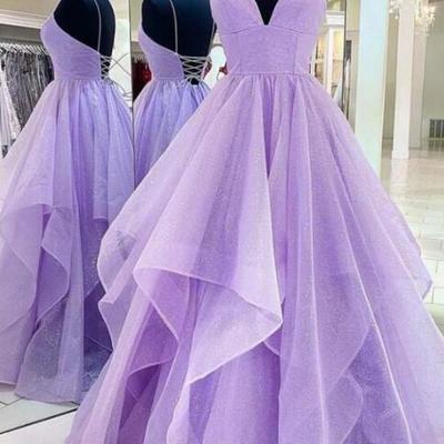 A line purple tulle long straps formal prom dresses - Thumbnail 4