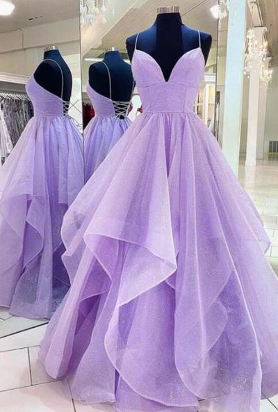 A Line Purple Tulle Long Straps Formal Prom Dresses