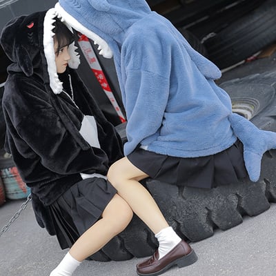 Japanese girl cute cartoon cozy black & blue shark tail zipper cashmere wool hoodie jacket