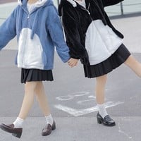 Japanese Girl Cute Cartoon Cozy Black & Blue Shark Tail Zipper Cashmere Wool Hoodie Jacket - Thumbnail 1