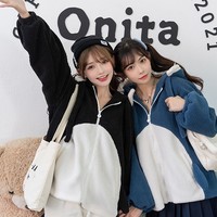 Japanese Girl Cute Cartoon Cozy Black & Blue Shark Tail Zipper Cashmere Wool Hoodie Jacket - Thumbnail 3