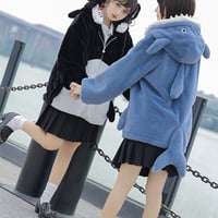 Japanese Girl Cute Cartoon Cozy Black & Blue Shark Tail Zipper Cashmere Wool Hoodie Jacket - Thumbnail 2