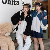 Japanese Girl Cute Cartoon Cozy Black & Blue Shark Tail Zipper Cashmere Wool Hoodie Jacket - Thumbnail 5