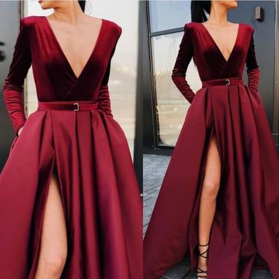 Long sleeve formal prom evening dresses with side split v-neck sashes draped prom dress long party women pageant gonws