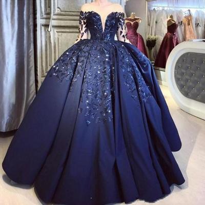 Navy blue formal evening dress long sleeves sparkly sequins ball gown puffy satin long prom dresses celebrity pageant gowns