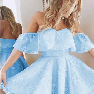 Vintage new short homecoming prom dress lace applique beaded fashion ice blue off shoulder cocktail party gowns custom made