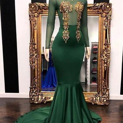 Customize dark green with gold applique mermaid prom dresses sheer long sleeve high neck sweep train evening gowns formal