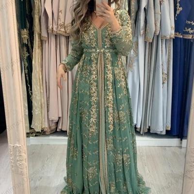 Elegant moroccan kaftan formal evening dresses gold lace appliques a line arabic muslim sage special occasion dresses floor length 