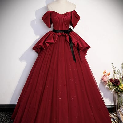Burgundy satin tulle long prom dress, off shoulder evening dress - Thumbnail 1