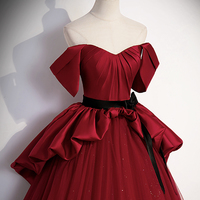 Burgundy Satin Tulle Long Prom Dress, Off Shoulder Evening Dress - Thumbnail 1