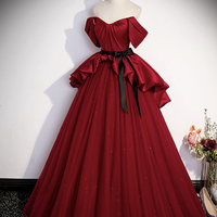 Burgundy Satin Tulle Long Prom Dress, Off Shoulder Evening Dress - Thumbnail 2