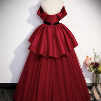 Burgundy Satin Tulle Long Prom Dress, Off Shoulder Evening Dress - Thumbnail 3