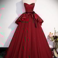 Burgundy Satin Tulle Long Prom Dress, Off Shoulder Evening Dress - Thumbnail 4