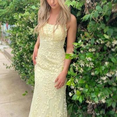 A line yellow tulle lace backless evening dress - Thumbnail 2